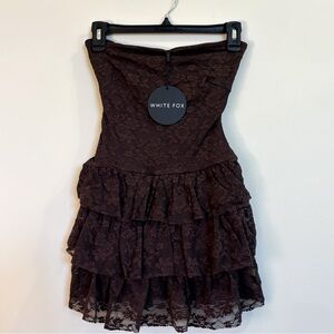 White Fox Boutique New Idea NWT Chocolate Brown Lace Ruffle Mini Dress Sz S